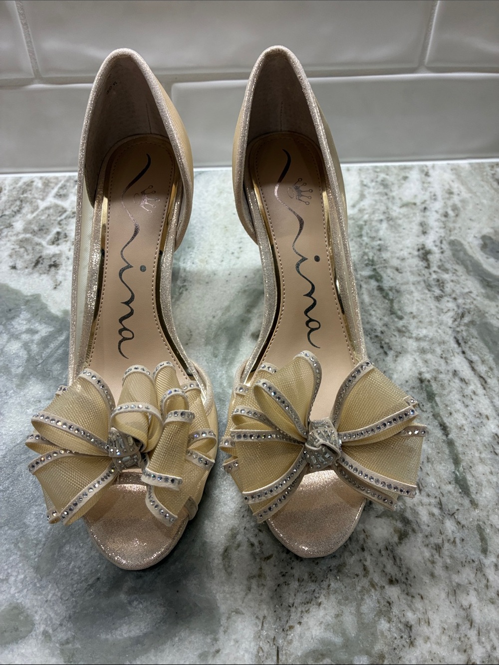 Women's Champagne Open-Toe Bow Heels by Nina.